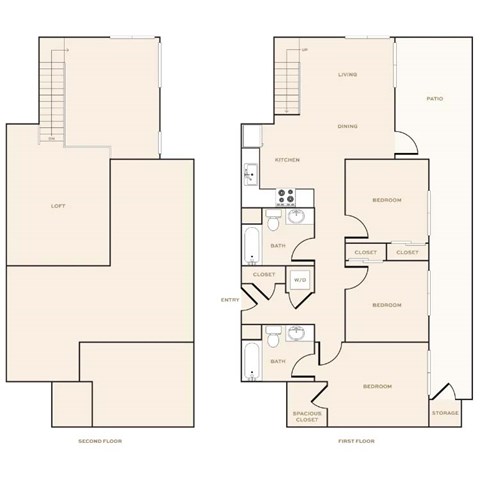 Floor plan for 3 beds, 2 baths, 1384 sqft